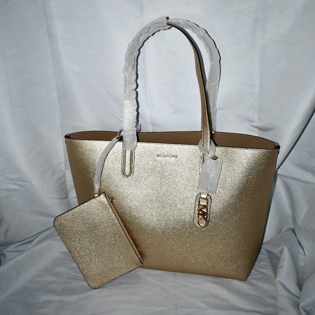 Michael Kors Eliza Reversible Tote Bag In Pale Gold #30h3gzat4m Nwt